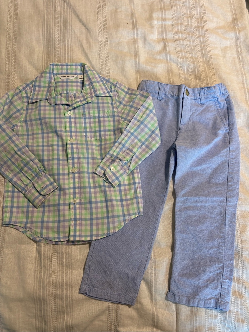 Janie and Jack Green Purple Light Blue Plaid Button-Down with Light Blue Pants